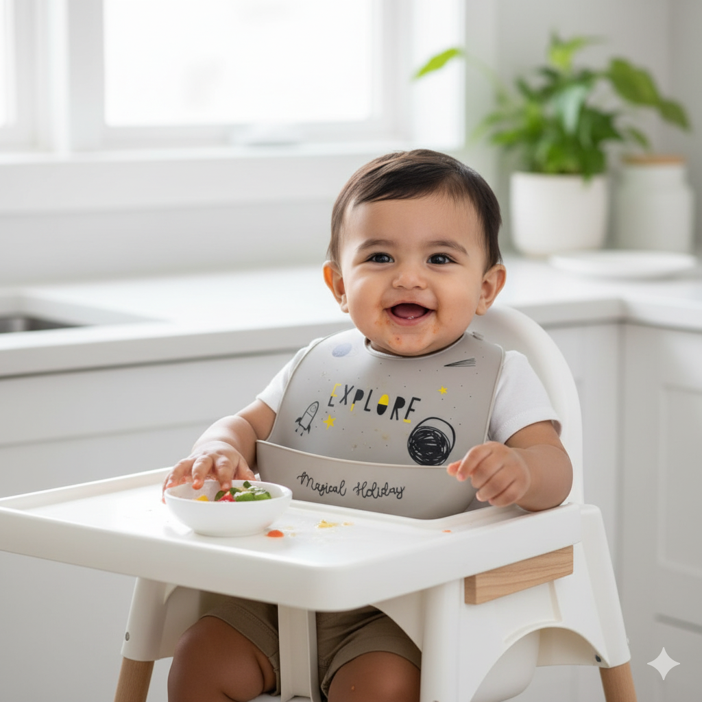 KAKAGUGU Space-Themed Silicone Baby Bib Waterproof Adjustable Soft Feeding Bib with Catch Pocket for Toddlers - Image 3