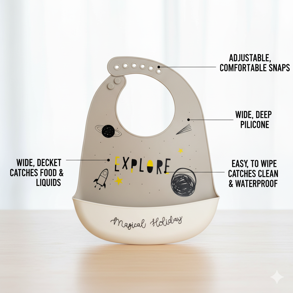 KAKAGUGU Space-Themed Silicone Baby Bib Waterproof Adjustable Soft Feeding Bib with Catch Pocket for Toddlers - Image 4