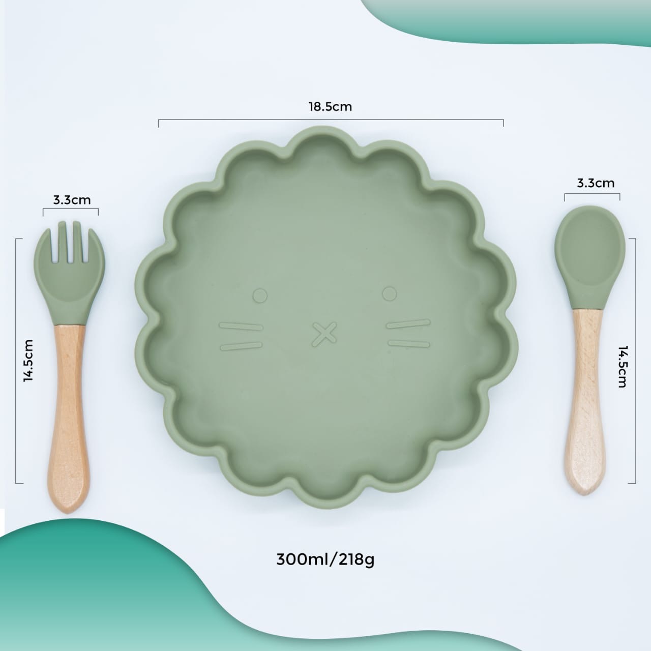KAKAGUGU Lion-Shaped 3-Piece Baby Feeding Set – Plate, Spoon & Fork, BPA-Free, Non-Toxic, Microwave, Dishwasher & Freezer Safe – Olive - Image 2