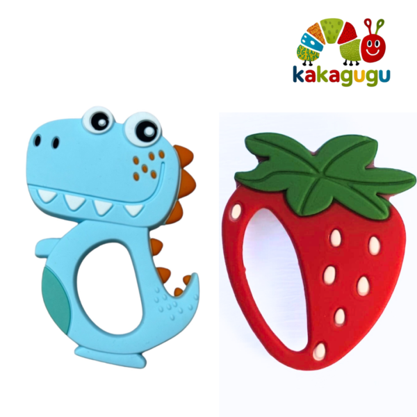 KAKAGUGU Soft Silicone Dino & Strawberry-Shaped Teether and Soother for Babies 3+ Months – BPA-Free, Non-Toxic, Safe and Sensory Stimulating (Pack of 2)