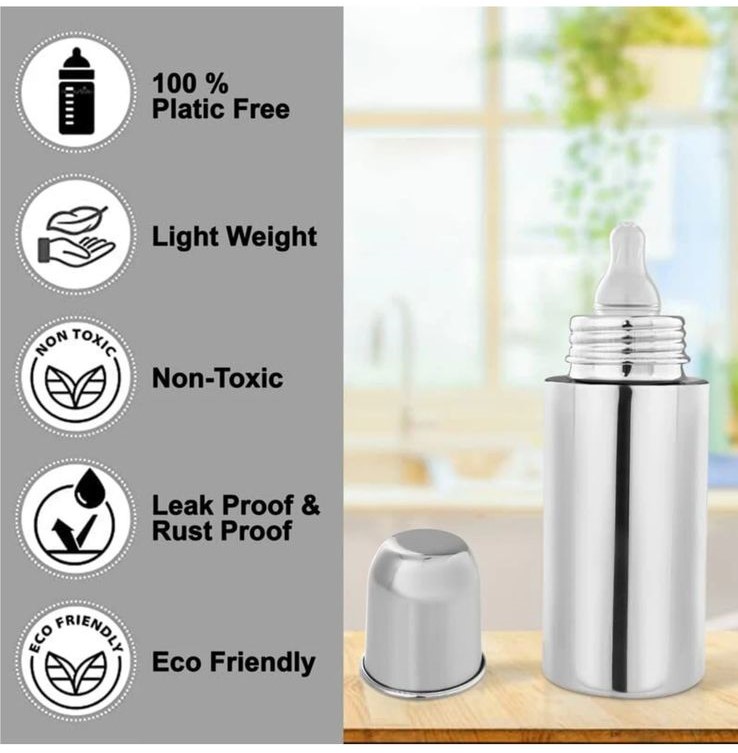 KAKAGUGU 250 ml Stainless Steel Infant and Toddler Feeding Bottle with Silicone Nipple, Dust Cap, Non-Toxic, Safe, and Durable – Silver - Image 3