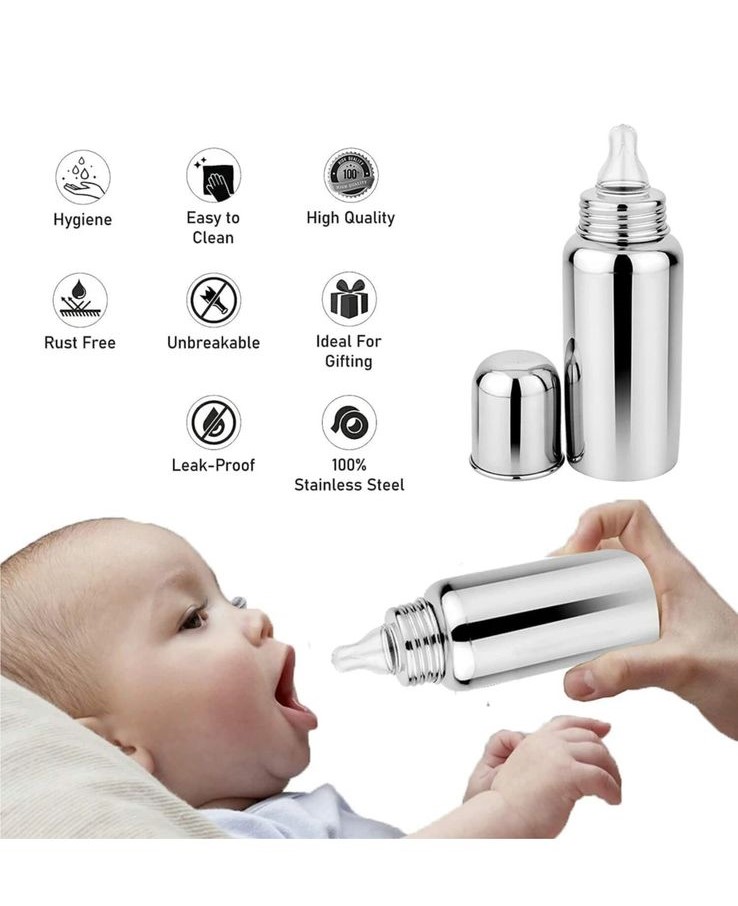 KAKAGUGU 250 ml Stainless Steel Infant and Toddler Feeding Bottle with Silicone Nipple, Dust Cap, Non-Toxic, Safe, and Durable – Silver - Image 4