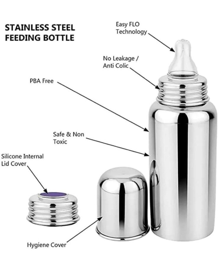 KAKAGUGU 250 ml Stainless Steel Infant and Toddler Feeding Bottle with Silicone Nipple, Dust Cap, Non-Toxic, Safe, and Durable – Silver - Image 5