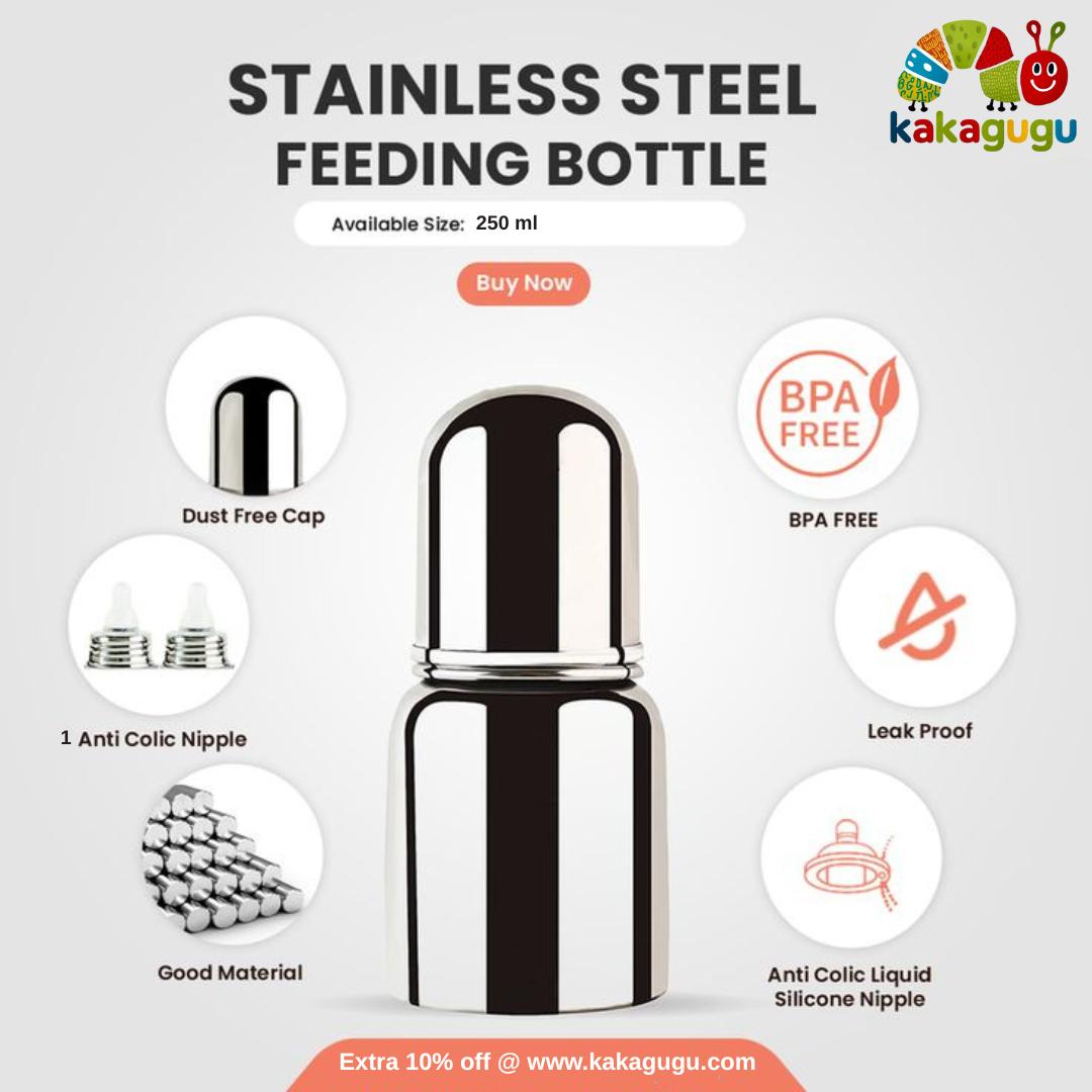 KAKAGUGU 250 ml Stainless Steel Infant and Toddler Feeding Bottle with Silicone Nipple, Dust Cap, Non-Toxic, Safe, and Durable – Silver - Image 6
