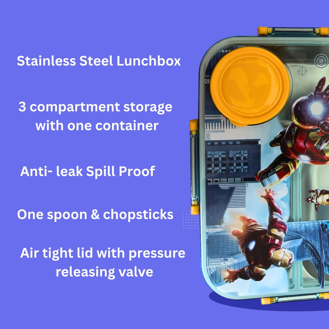 KAKAGUGU Avengers Iron Man 750 ml Stainless Steel Bento Lunch Box with 3 Compartments, Leak-Proof, Pressure Valve, Spoon, and Chopsticks - Image 5