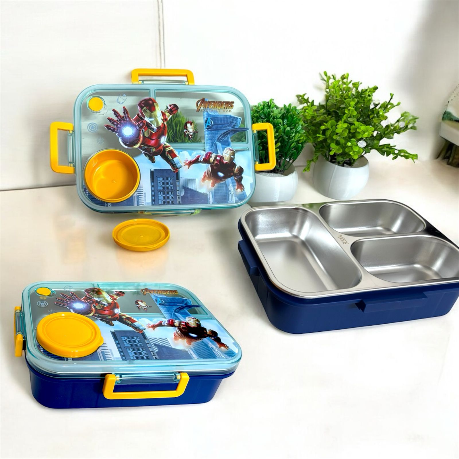 KAKAGUGU Avengers Iron Man 750 ml Stainless Steel Bento Lunch Box with 3 Compartments, Leak-Proof, Pressure Valve, Spoon, and Chopsticks - Image 3