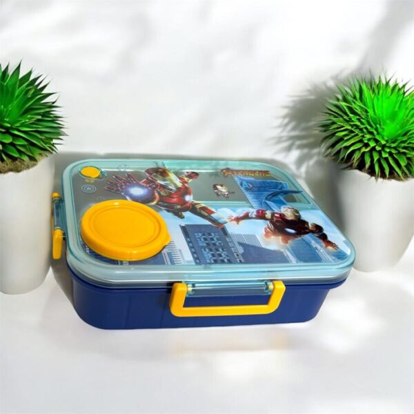 KAKAGUGU Avengers Iron Man 750 ml Stainless Steel Bento Lunch Box with 3 Compartments, Leak-Proof, Pressure Valve, Spoon, and Chopsticks