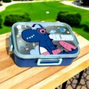 KAKAGUGU Dino-Themed 750 ml Stainless Steel Bento Lunch Box with 3 Compartments, Leak-Proof, Pressure Valve, Spoon, and Chopsticks