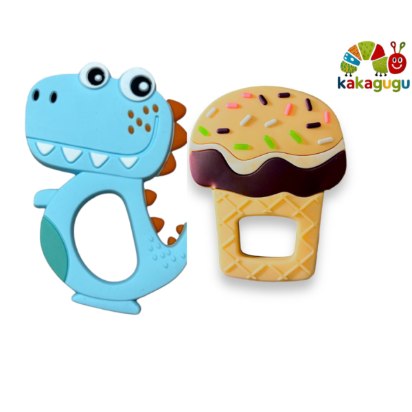 KAKAGUGU Soft Silicone Dino & Muffin Shaped Teether and Soother for Babies 3+ Months – BPA-Free, Non-Toxic, Safe and Sensory Stimulating (Pack of 2)