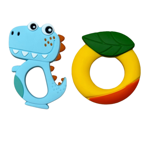 KAKAGUGU Soft Silicone Dino & Mango Shaped Teether and Soother for Babies 3+ Months – BPA-Free, Non-Toxic, Safe and Sensory Stimulating (Pack of 2)