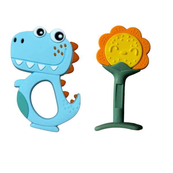 KAKAGUGU Soft Silicone Dino & Sunflower Shaped Teether and Soother for Babies 3+ Months – BPA-Free, Non-Toxic, Safe and Sensory Stimulating (Pack of 2)
