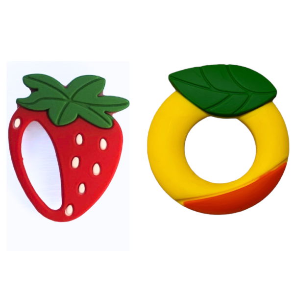 KAKAGUGU Soft Silicone Strawberry & Mango Shaped Teether and Soother for Babies 3+ Months – BPA-Free, Non-Toxic, Safe and Sensory Stimulating (Pack of 2)