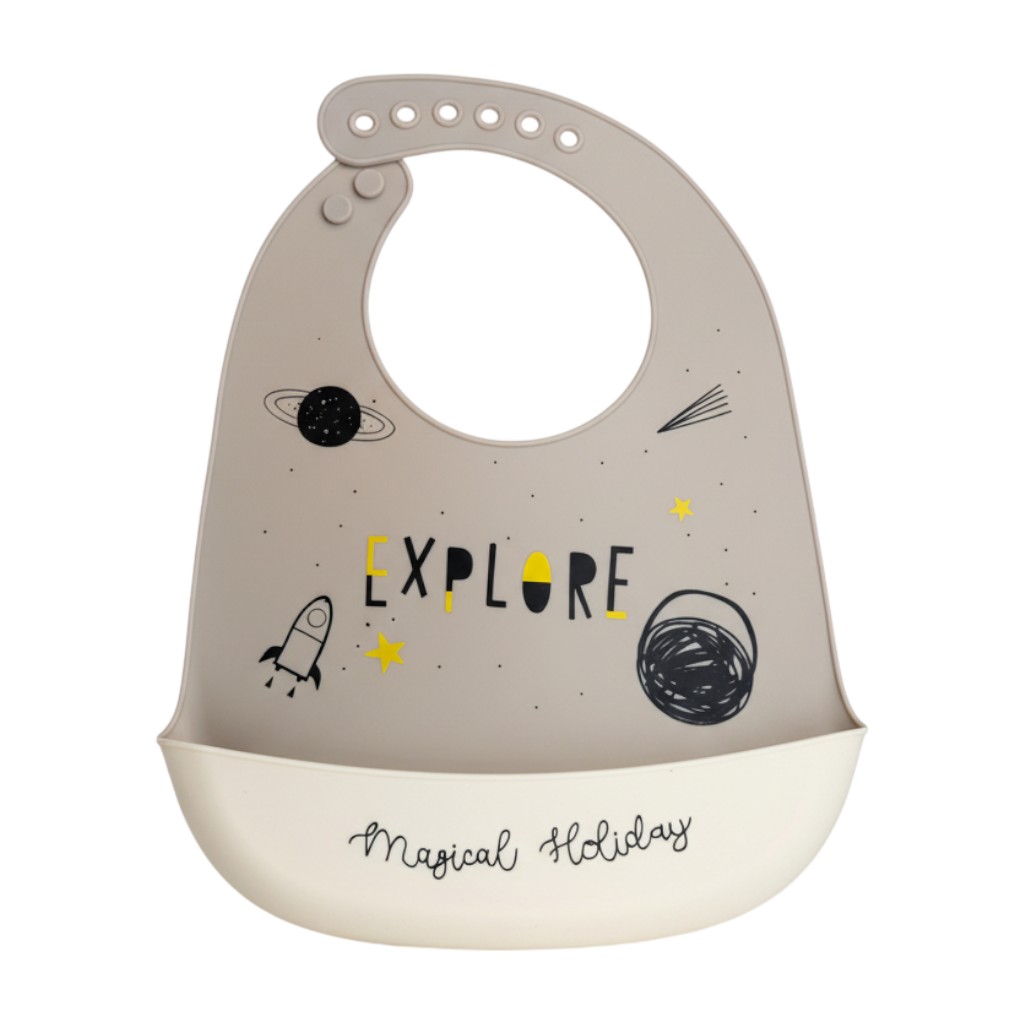 KAKAGUGU Space-Themed Silicone Baby Bib Waterproof Adjustable Soft Feeding Bib with Catch Pocket for Toddlers - Image 2